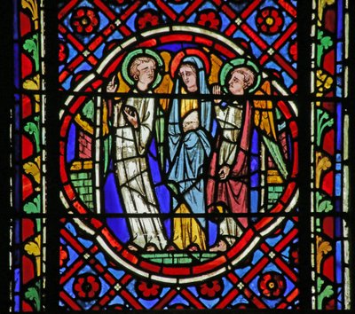 Window depicting Scene from the life of Saint Bonnet: the Virgin telling the accompanying Angels that she wishes to hear the Mass celebrated in Saint Bonnet